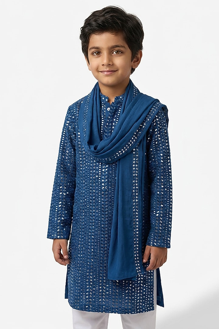 Teal Blue Cotton Silk Sequin Embroidered Kurta Set For Boys by Ankit V kapoor Kids at Pernia's Pop Up Shop