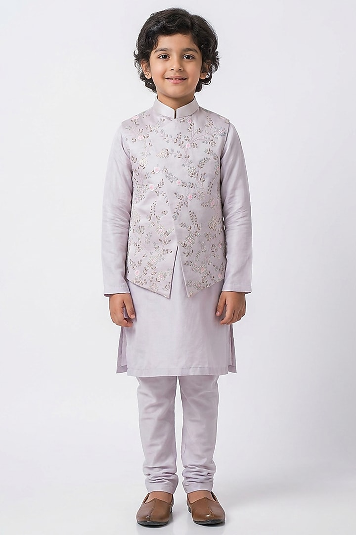 Lilac Cotton Silk Floral Thread Embroidered Nehru Jacket Set For Boys by Ankit V kapoor Kids at Pernia's Pop Up Shop