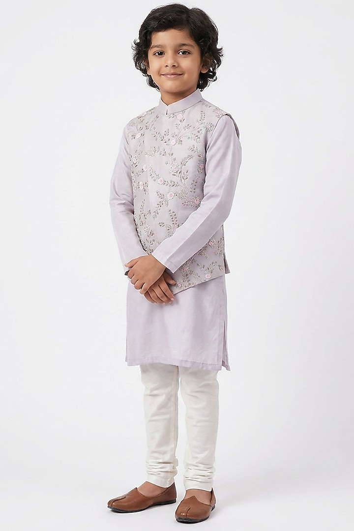 Lilac Cotton Silk Floral Thread Embroidered Nehru Jacket Set For Boys by Ankit V kapoor Kids at Pernia's Pop Up Shop