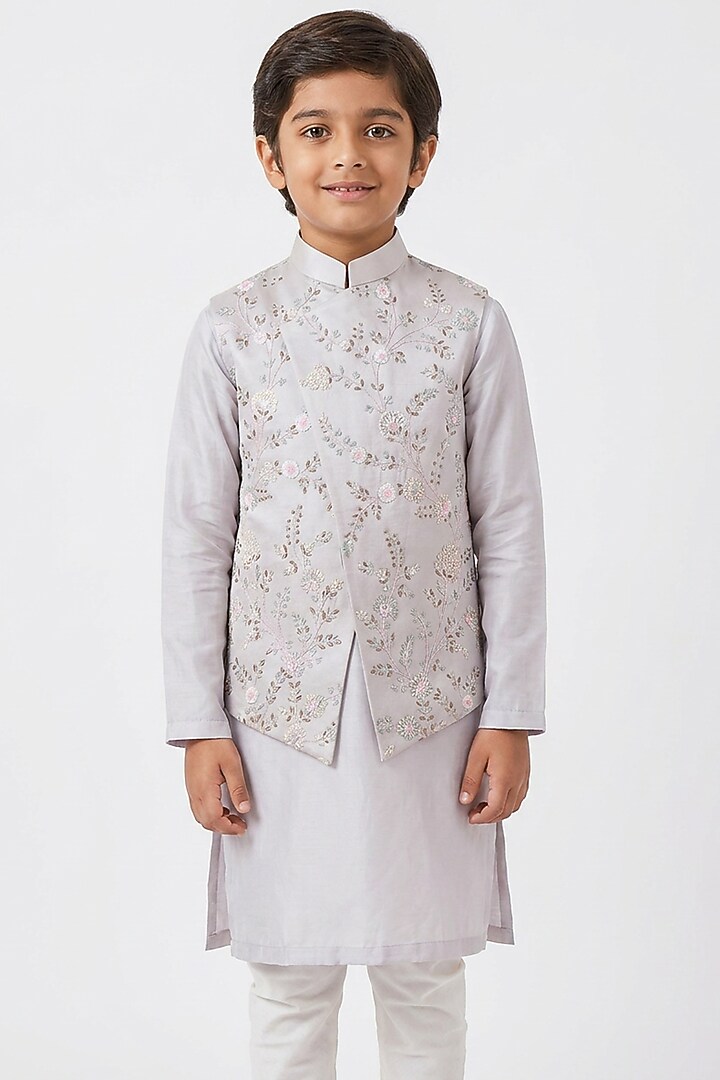Lilac Cotton Silk Floral Thread Embroidered Nehru Jacket Set For Boys by Ankit V kapoor Kids at Pernia's Pop Up Shop