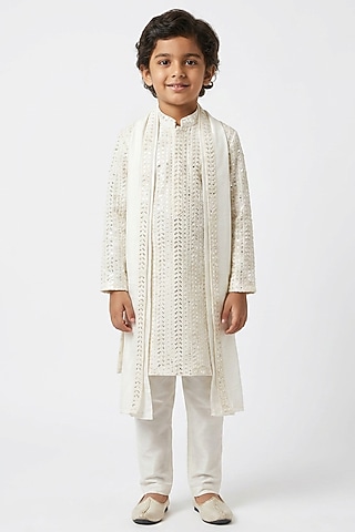 Ivory Cotton Silk Sequin Embroidered Kurta Set For Boys by Ankit V kapoor Kids