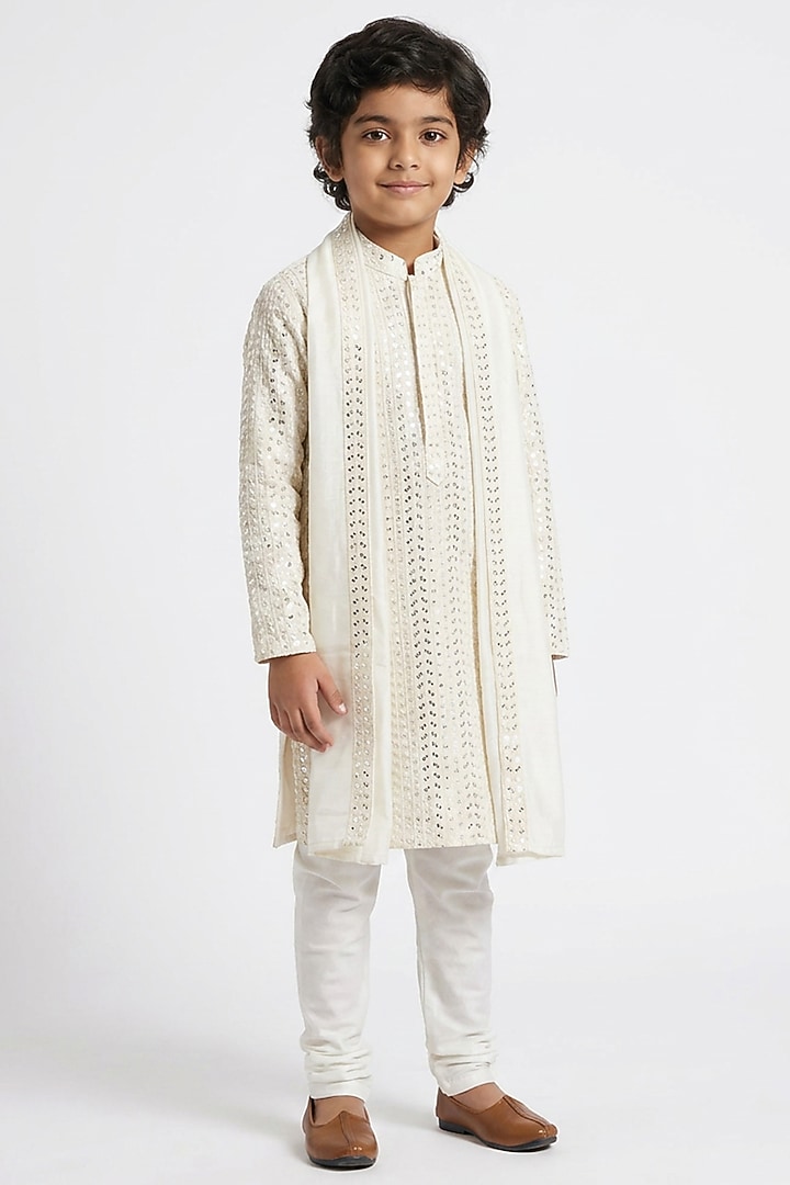 Ivory Cotton Silk Sequin Embroidered Kurta Set For Boys by Ankit V kapoor Kids at Pernia's Pop Up Shop