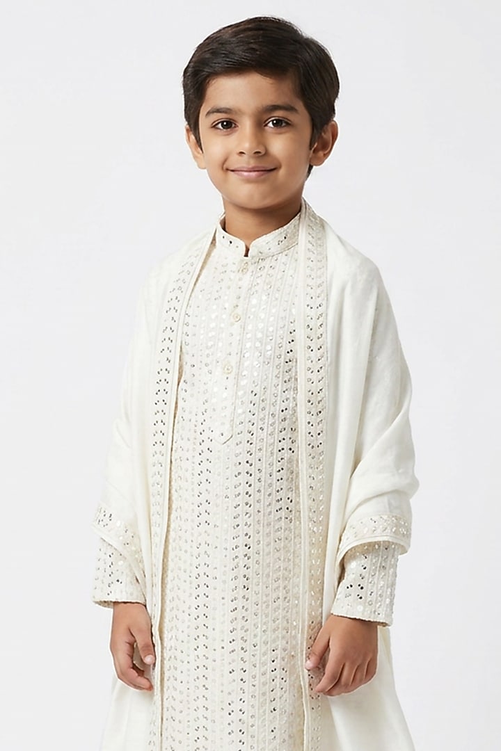 Ivory Cotton Silk Sequin Embroidered Kurta Set For Boys by Ankit V kapoor Kids at Pernia's Pop Up Shop