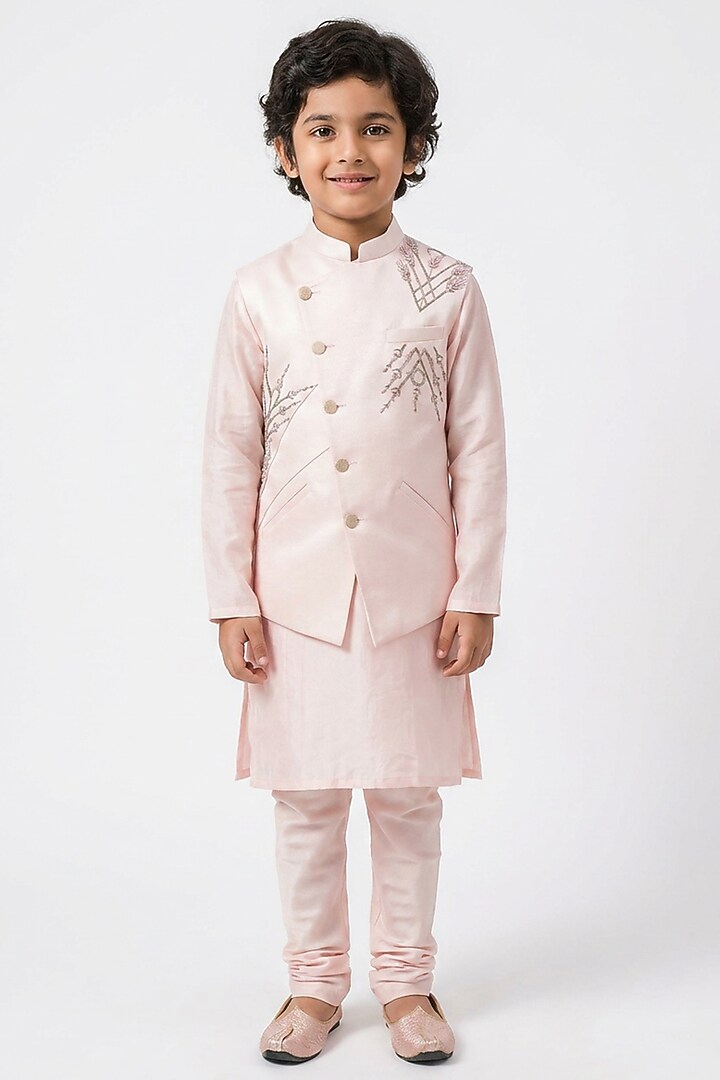 Pink Cotton Silk Thread Embroidered Asymmetric Nehru Jacket Set For Boys by Ankit V kapoor Kids at Pernia's Pop Up Shop