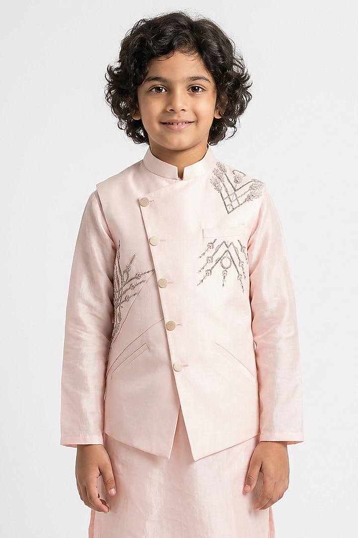 Pink Cotton Silk Thread Embroidered Asymmetric Nehru Jacket Set For Boys by Ankit V kapoor Kids at Pernia's Pop Up Shop