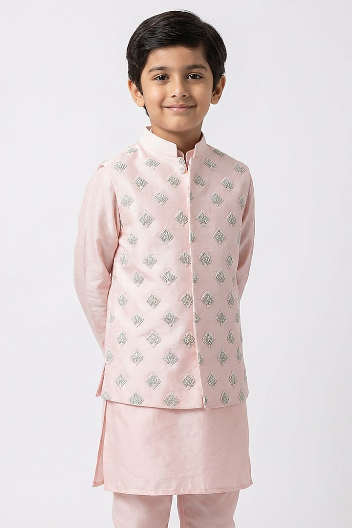 Blush Pink Cotton Silk Motif Embroidered Nehru Jacket Set For Boys by Ankit V kapoor Kids at Pernia's Pop Up Shop