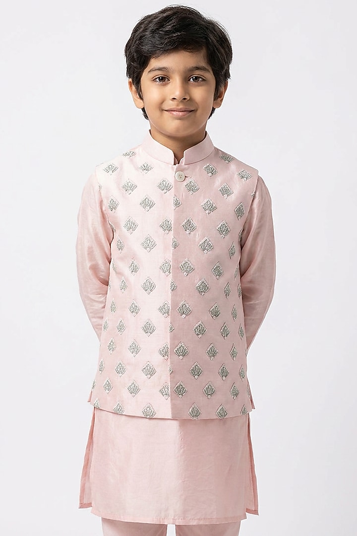 Blush Pink Cotton Silk Motif Embroidered Nehru Jacket Set For Boys by Ankit V kapoor Kids at Pernia's Pop Up Shop