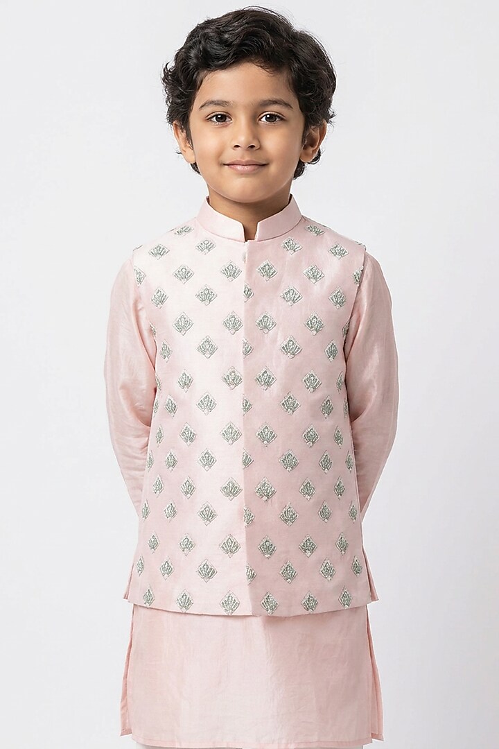 Blush Pink Cotton Silk Motif Embroidered Nehru Jacket Set For Boys by Ankit V kapoor Kids at Pernia's Pop Up Shop
