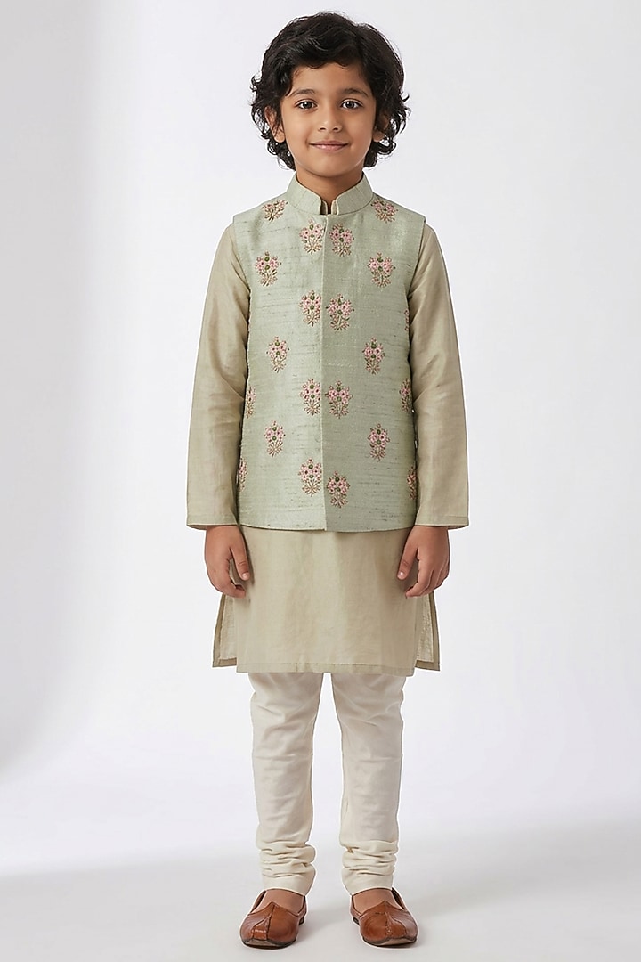 Sage Green Cotton Silk Floral Embroidered Nehru Jacket Set For Boys by Ankit V kapoor Kids at Pernia's Pop Up Shop