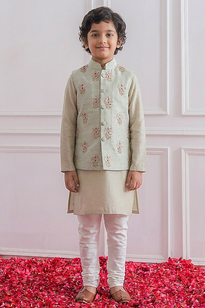 Sage Green Cotton Silk Floral Embroidered Nehru Jacket Set For Boys by Ankit V kapoor Kids at Pernia's Pop Up Shop