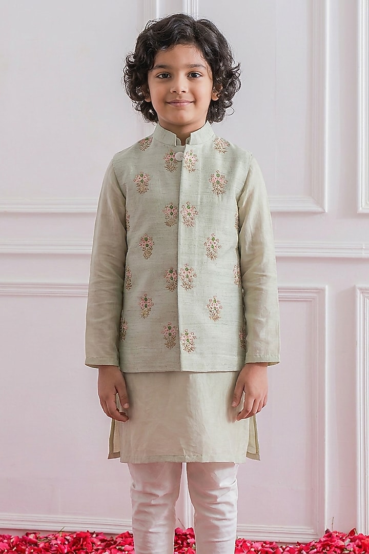 Sage Green Cotton Silk Floral Embroidered Nehru Jacket Set For Boys by Ankit V kapoor Kids at Pernia's Pop Up Shop