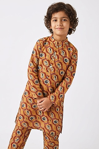Mustard Cotton Floral Printed Kurta Set For Boys by Ankit V kapoor Kids