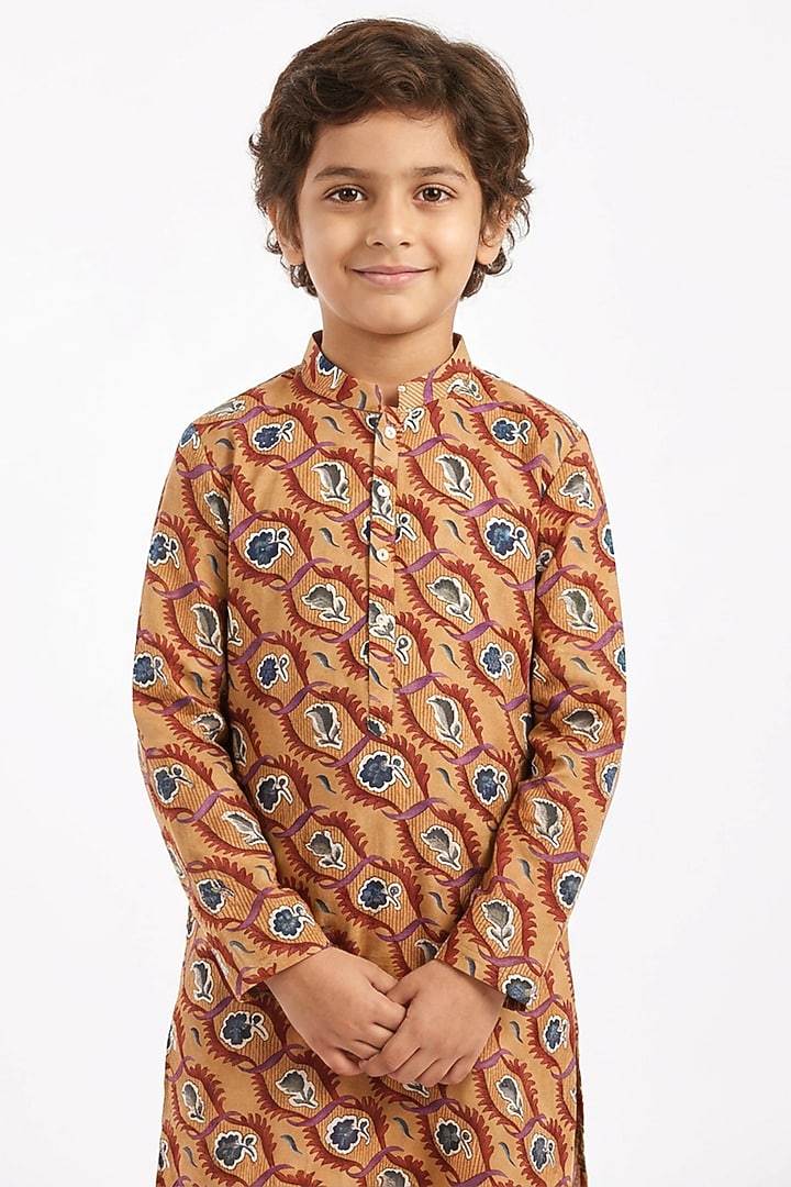 Mustard Cotton Floral Printed Kurta Set For Boys by Ankit V kapoor Kids at Pernia's Pop Up Shop
