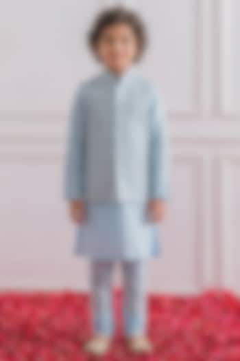 Powder Blue Cotton Silk Chikankari Embroidered Nehru Jacket Set For Boys by Ankit V kapoor Kids at Pernia's Pop Up Shop