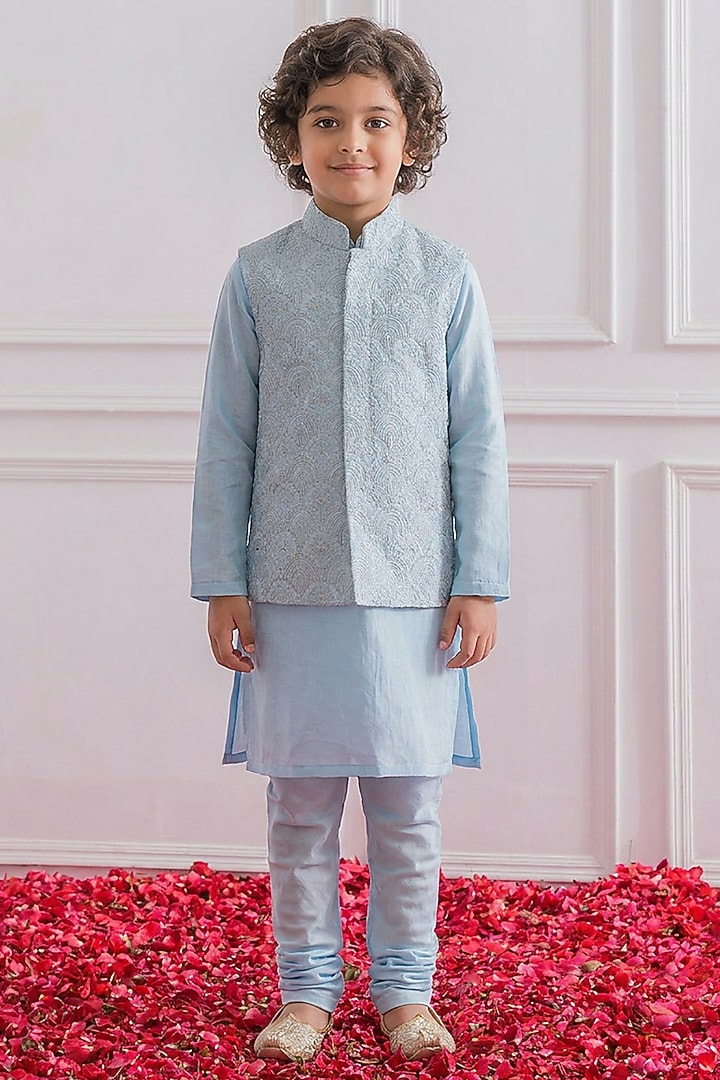 Powder Blue Cotton Silk Chikankari Embroidered Nehru Jacket Set For Boys by Ankit V kapoor Kids at Pernia's Pop Up Shop