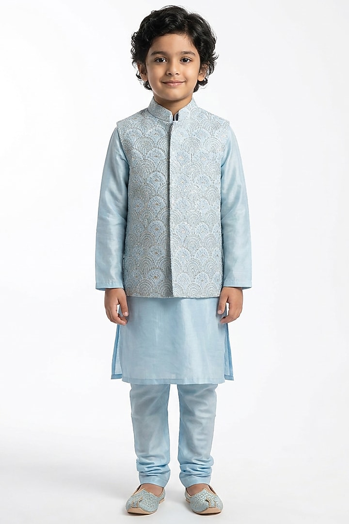 Powder Blue Cotton Silk Chikankari Embroidered Nehru Jacket Set For Boys by Ankit V kapoor Kids at Pernia's Pop Up Shop