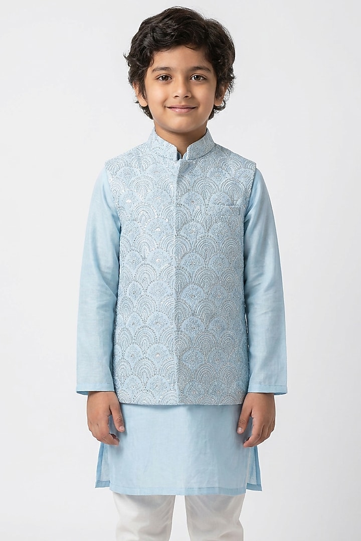 Powder Blue Cotton Silk Chikankari Embroidered Nehru Jacket Set For Boys by Ankit V kapoor Kids at Pernia's Pop Up Shop