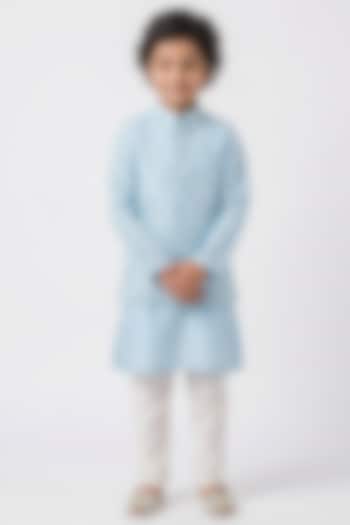 Sky Blue Cotton Silk Mirror Embroidered Nehru Jacket Set For Boys by Ankit V kapoor Kids at Pernia's Pop Up Shop