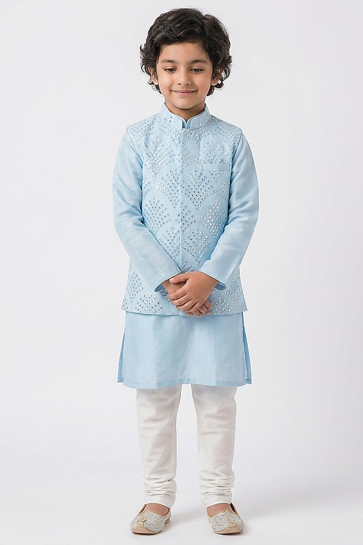 Sky Blue Cotton Silk Mirror Embroidered Nehru Jacket Set For Boys by Ankit V kapoor Kids at Pernia's Pop Up Shop