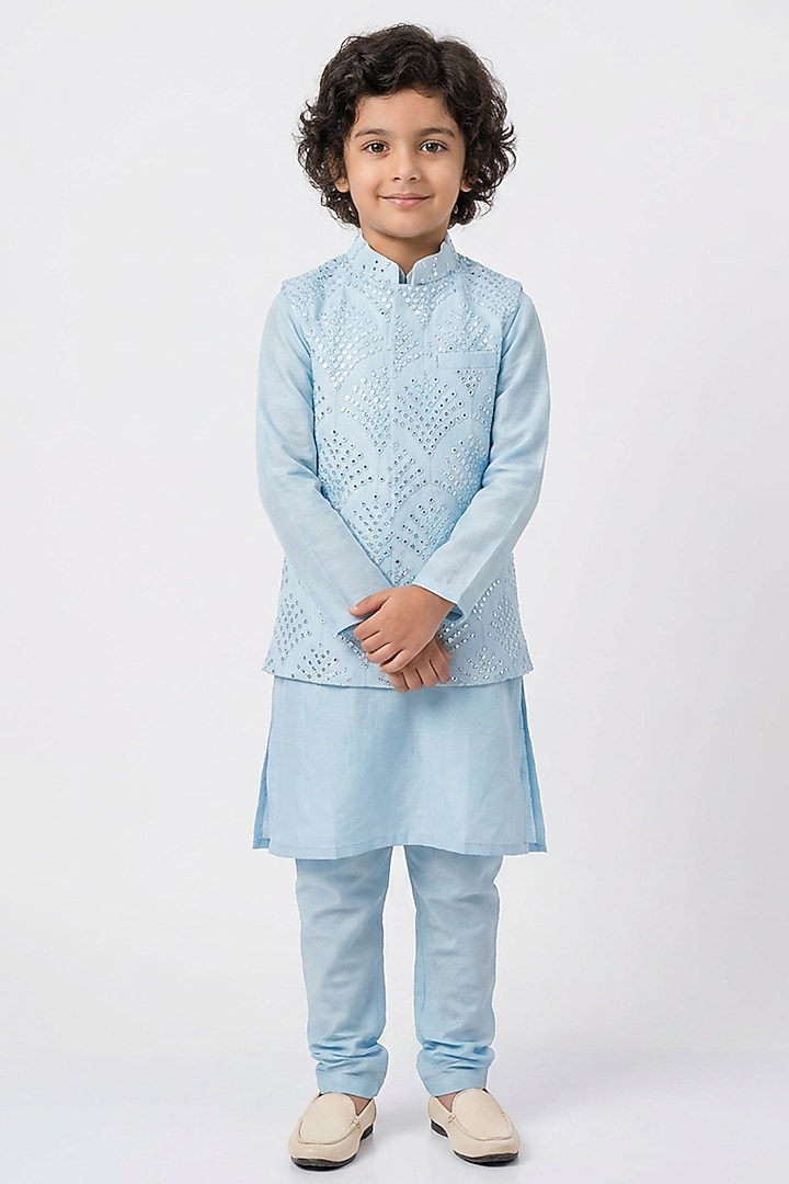 Sky Blue Cotton Silk Mirror Embroidered Nehru Jacket Set For Boys by Ankit V kapoor Kids at Pernia's Pop Up Shop