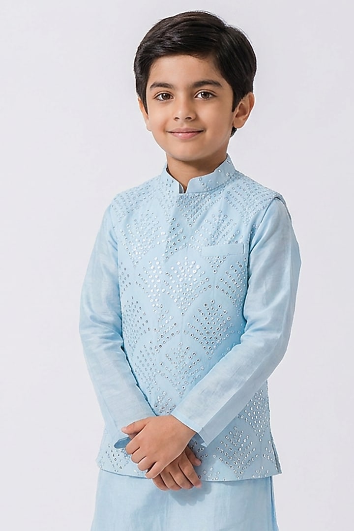 Sky Blue Cotton Silk Mirror Embroidered Nehru Jacket Set For Boys by Ankit V kapoor Kids at Pernia's Pop Up Shop
