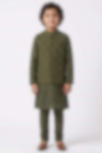 Olive Green Cotton Silk Floral Embroidered Nehru Jacket Set For Boys by Ankit V kapoor Kids at Pernia's Pop Up Shop