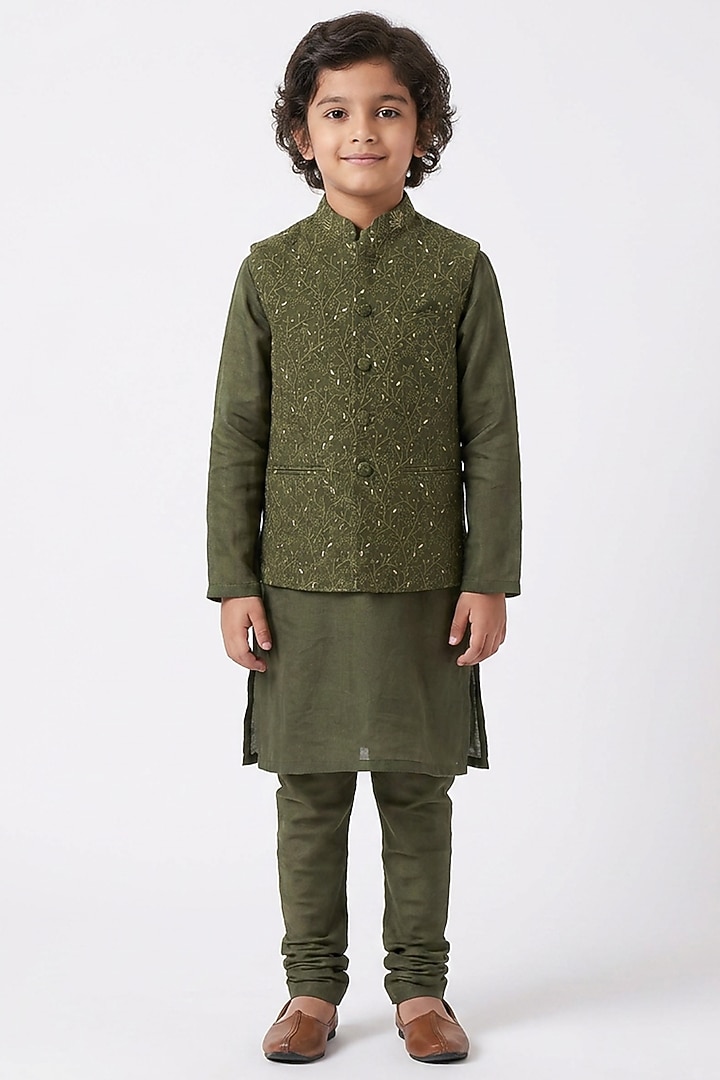 Olive Green Cotton Silk Floral Embroidered Nehru Jacket Set For Boys by Ankit V kapoor Kids at Pernia's Pop Up Shop