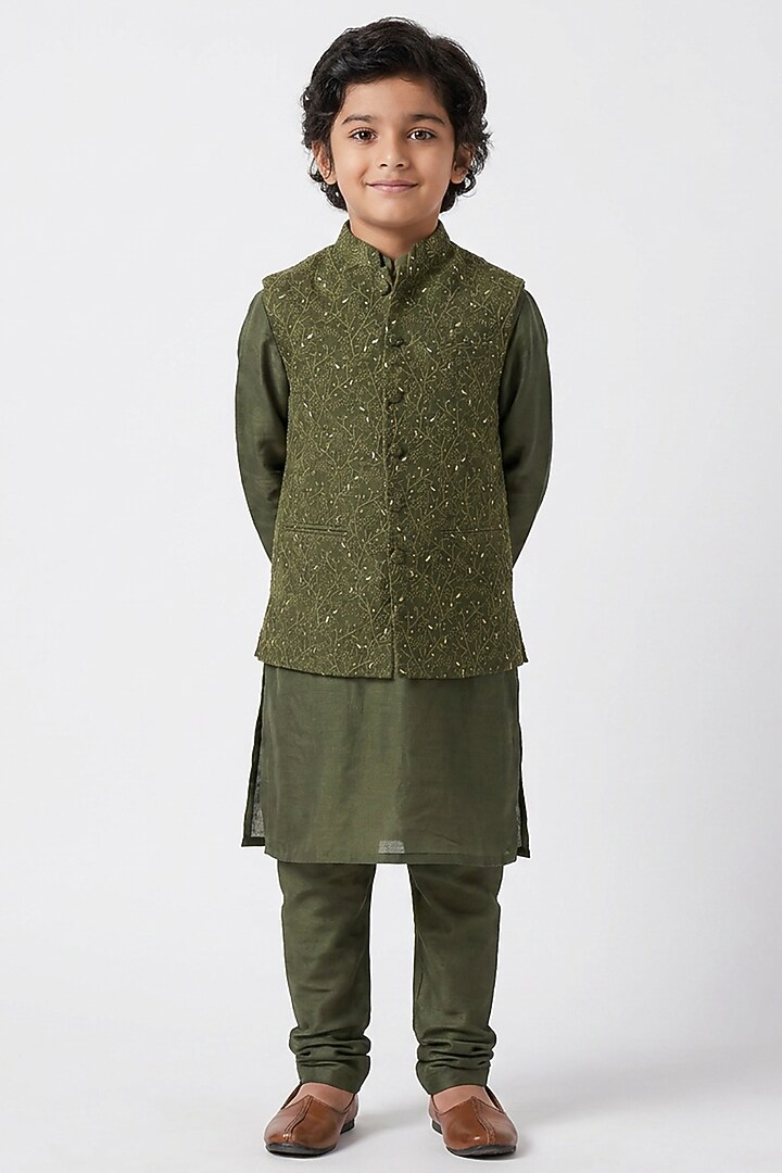 Olive Green Cotton Silk Floral Embroidered Nehru Jacket Set For Boys by Ankit V kapoor Kids at Pernia's Pop Up Shop