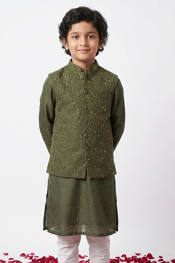 Olive Green Cotton Silk Floral Embroidered Nehru Jacket Set For Boys by Ankit V kapoor Kids at Pernia's Pop Up Shop