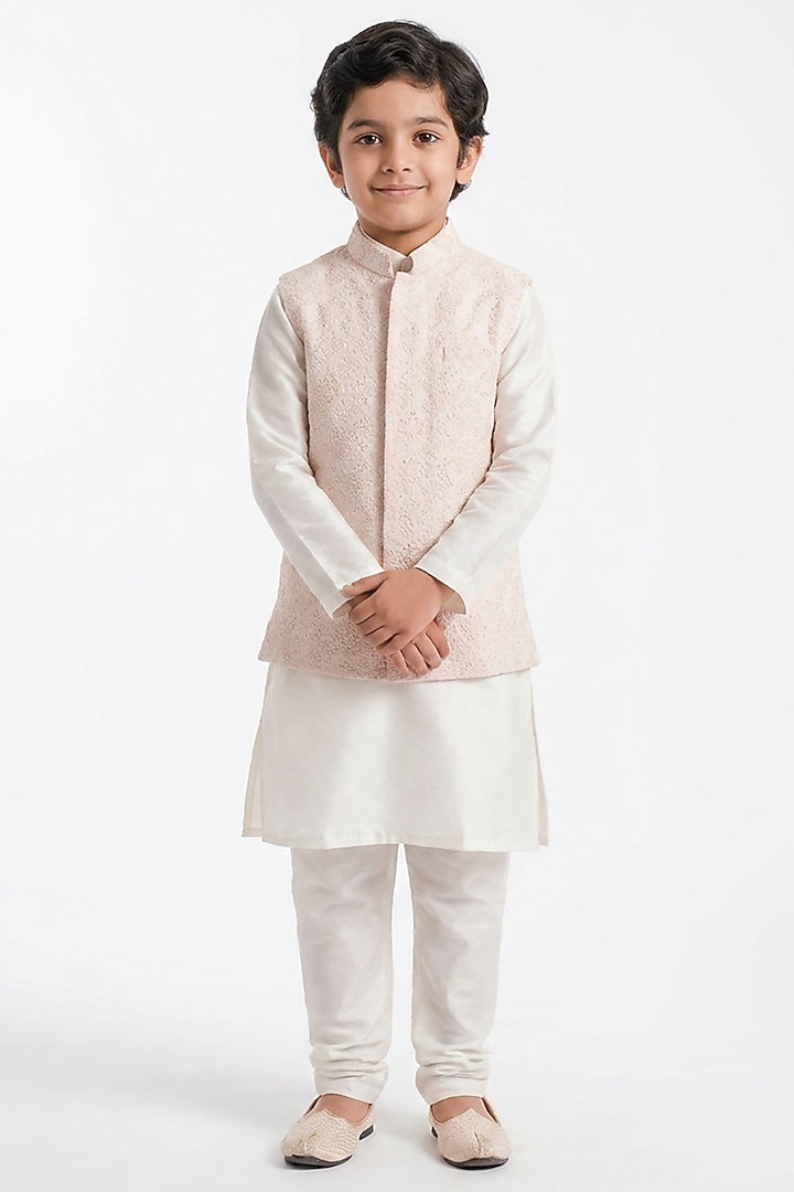 Peach Cotton Silk Chikankari Embroidered Nehru Jacket Set For Boys by Ankit V kapoor Kids at Pernia's Pop Up Shop