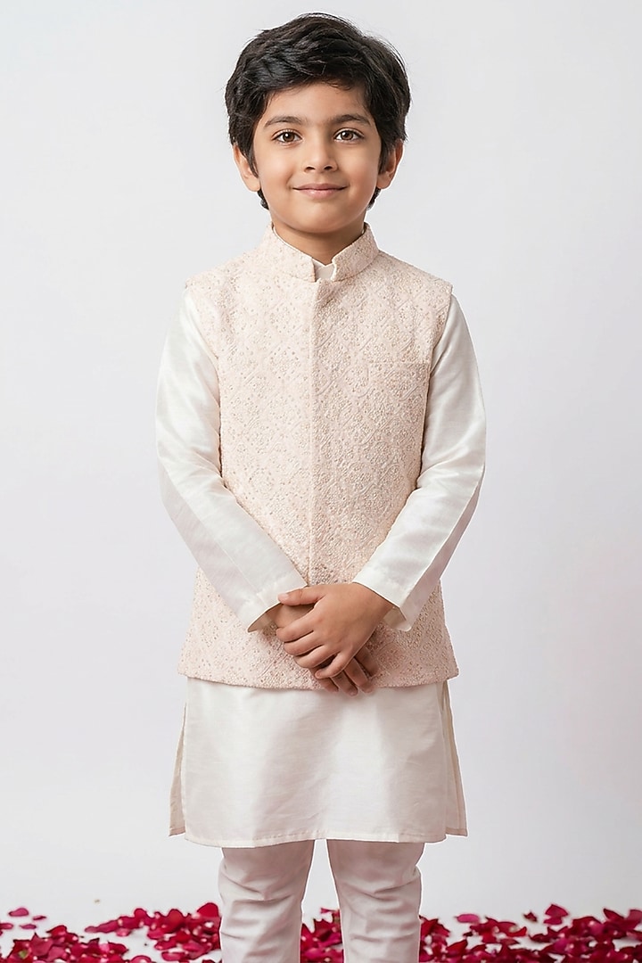 Peach Cotton Silk Chikankari Embroidered Nehru Jacket Set For Boys by Ankit V kapoor Kids at Pernia's Pop Up Shop