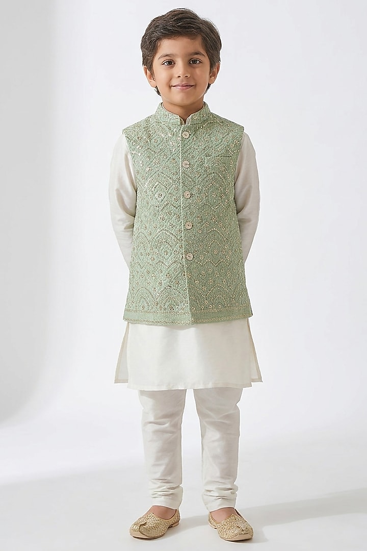 Sage Green Cotton Silk Sequin Embroidered Nehru Jacket Set For Boys by Ankit V kapoor Kids at Pernia's Pop Up Shop