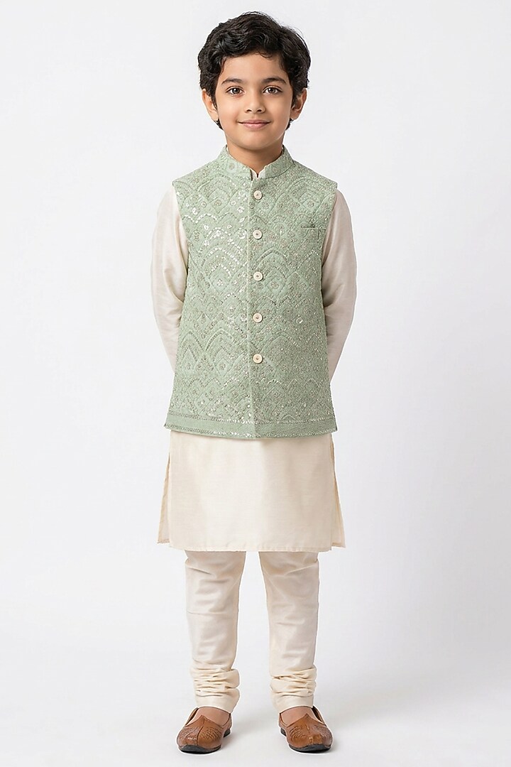 Sage Green Cotton Silk Sequin Embroidered Nehru Jacket Set For Boys by Ankit V kapoor Kids at Pernia's Pop Up Shop