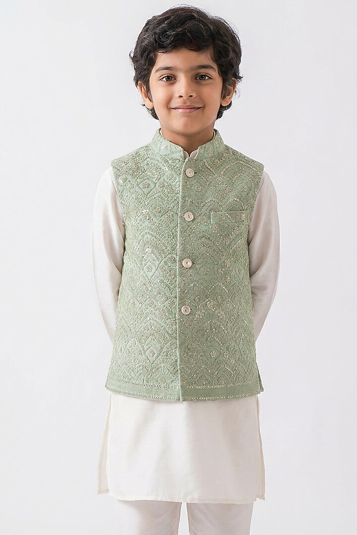 Sage Green Cotton Silk Sequin Embroidered Nehru Jacket Set For Boys by Ankit V kapoor Kids at Pernia's Pop Up Shop