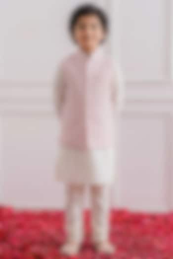 Blush Pink Cotton Silk Mirror Embroidered Nehru Jacket Set For Boys by Ankit V kapoor Kids at Pernia's Pop Up Shop