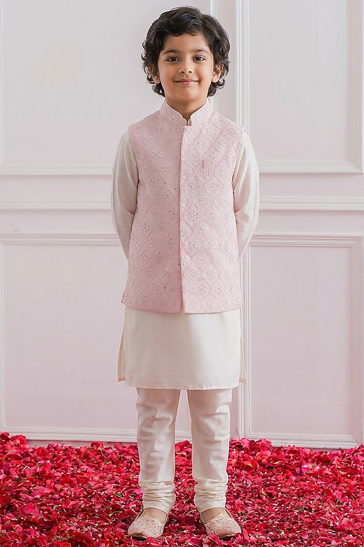 Blush Pink Cotton Silk Mirror Embroidered Nehru Jacket Set For Boys by Ankit V kapoor Kids at Pernia's Pop Up Shop