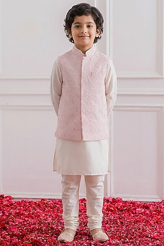 Blush Pink Cotton Silk Mirror Embroidered Nehru Jacket Set For Boys by Ankit V kapoor Kids