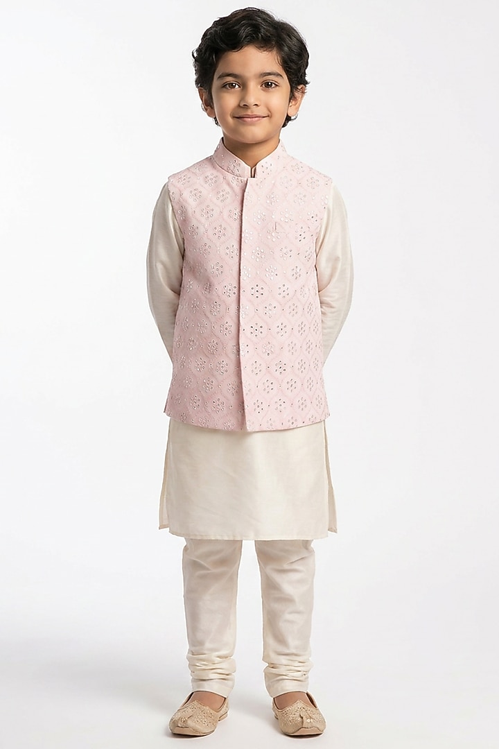 Blush Pink Cotton Silk Mirror Embroidered Nehru Jacket Set For Boys by Ankit V kapoor Kids at Pernia's Pop Up Shop