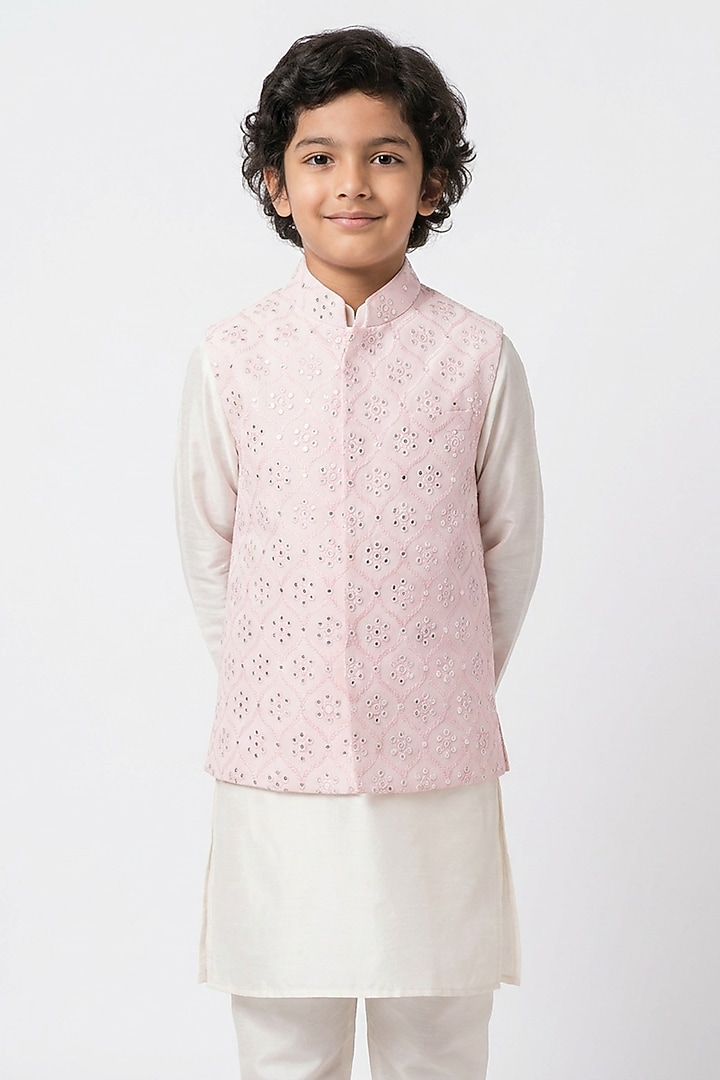 Blush Pink Cotton Silk Mirror Embroidered Nehru Jacket Set For Boys by Ankit V kapoor Kids at Pernia's Pop Up Shop