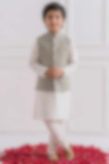 Beige Cotton Silk Chikankari Embroidered Nehru Jacket Set For Boys by Ankit V kapoor Kids at Pernia's Pop Up Shop