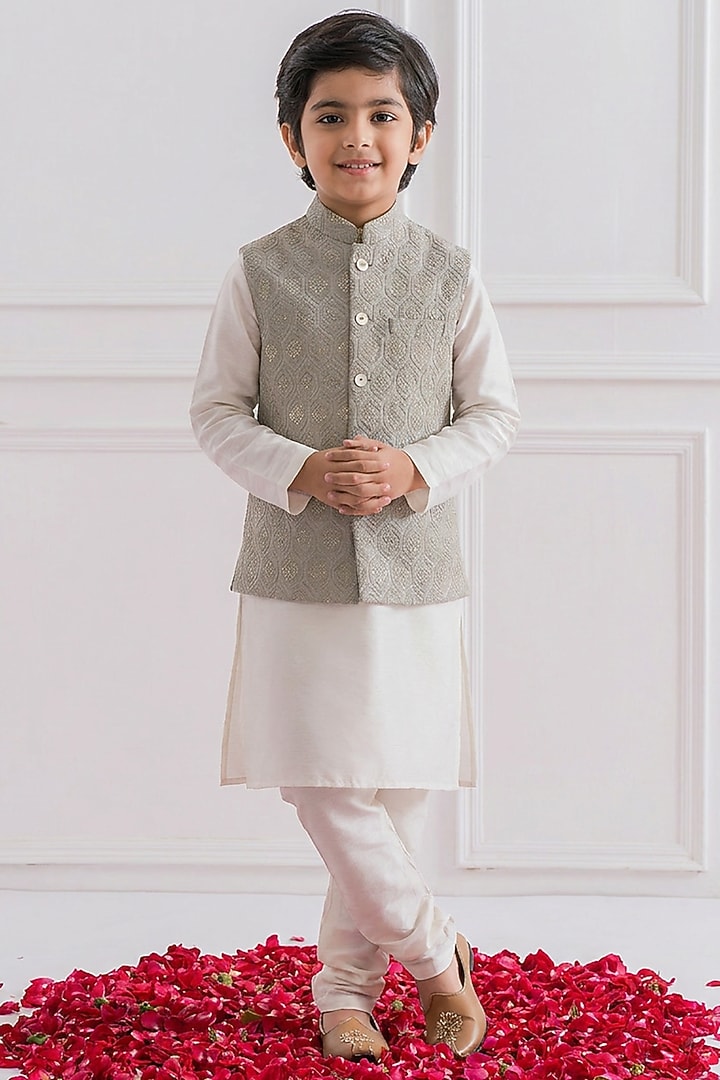 Beige Cotton Silk Chikankari Embroidered Nehru Jacket Set For Boys by Ankit V kapoor Kids at Pernia's Pop Up Shop