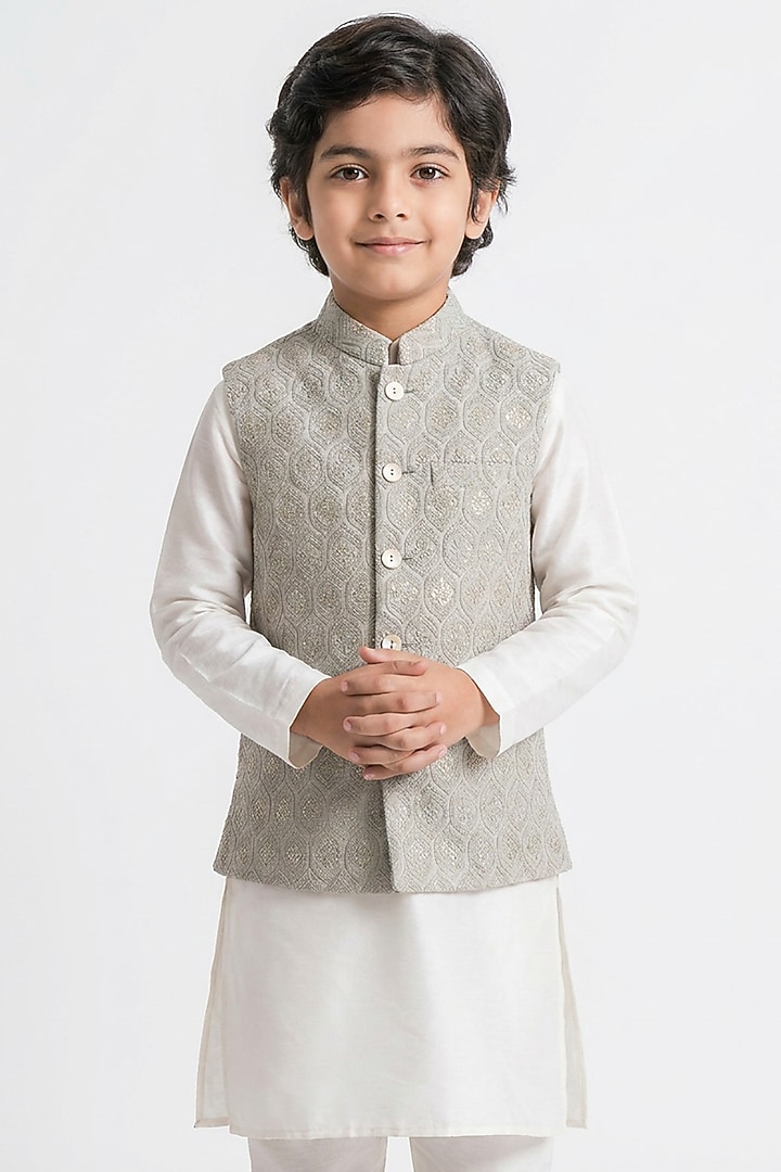 Beige Cotton Silk Chikankari Embroidered Nehru Jacket Set For Boys by Ankit V kapoor Kids at Pernia's Pop Up Shop