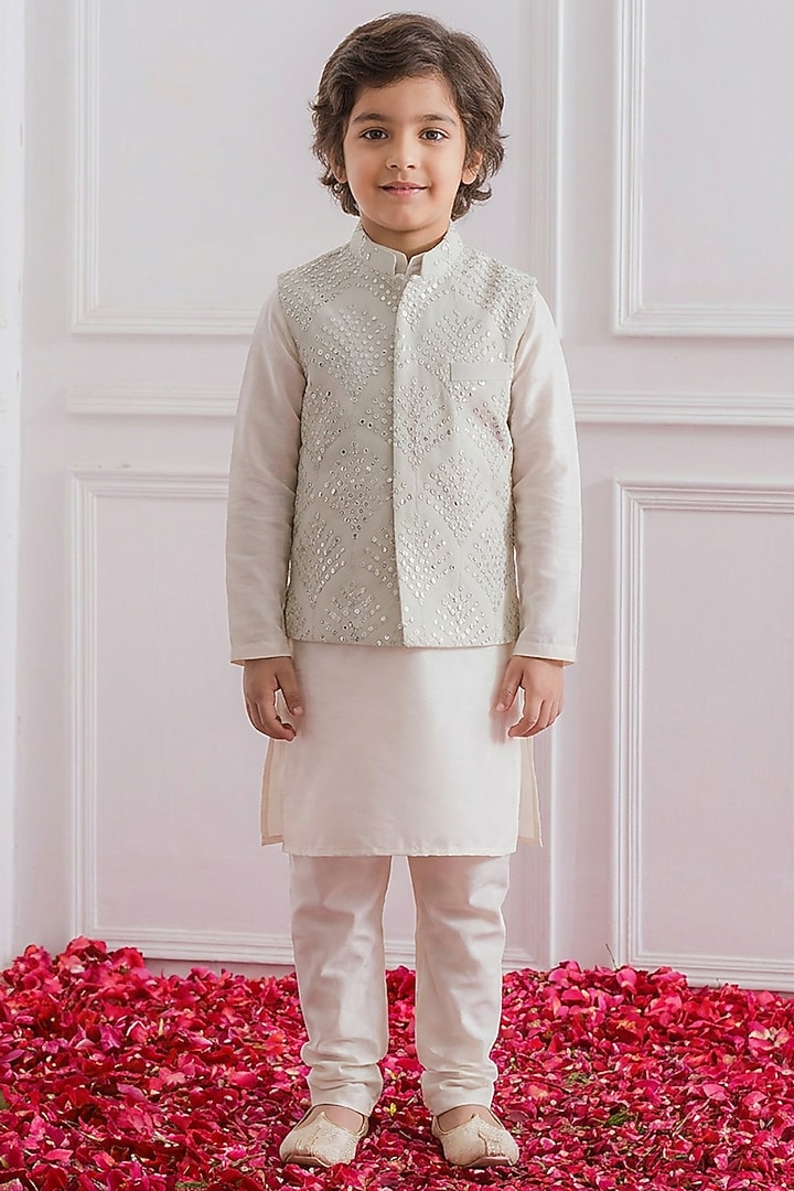 Ivory Cotton Silk Mirror Embroidered Nehru Jacket Set For Boys by Ankit V kapoor Kids at Pernia's Pop Up Shop