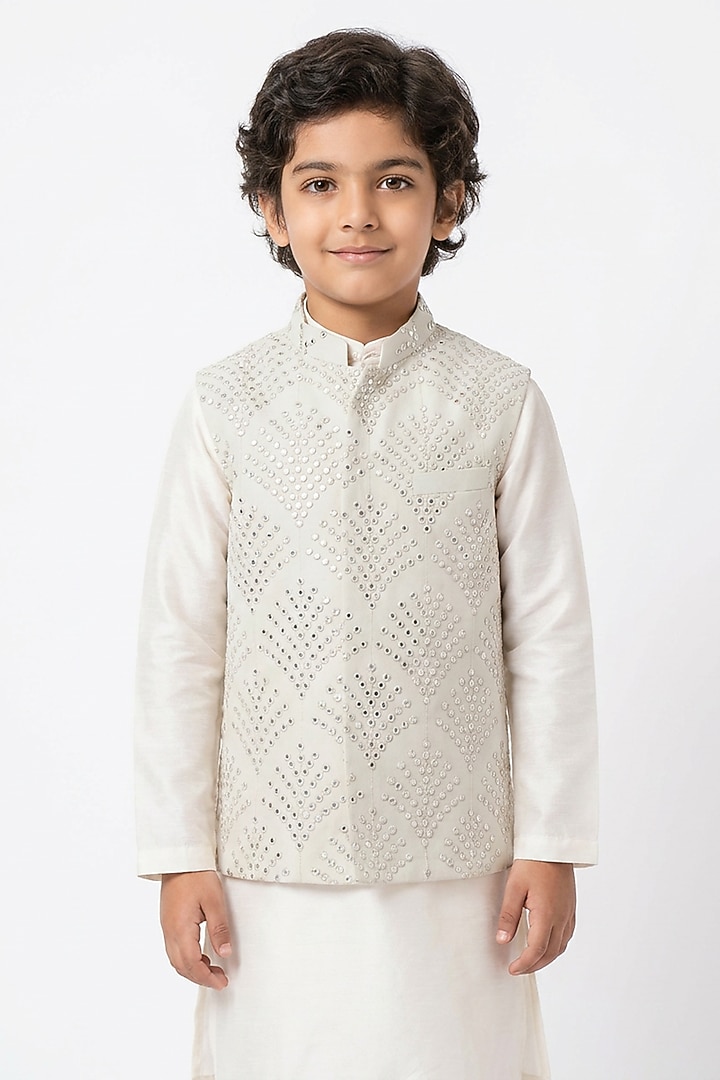 Ivory Cotton Silk Mirror Embroidered Nehru Jacket Set For Boys by Ankit V kapoor Kids at Pernia's Pop Up Shop