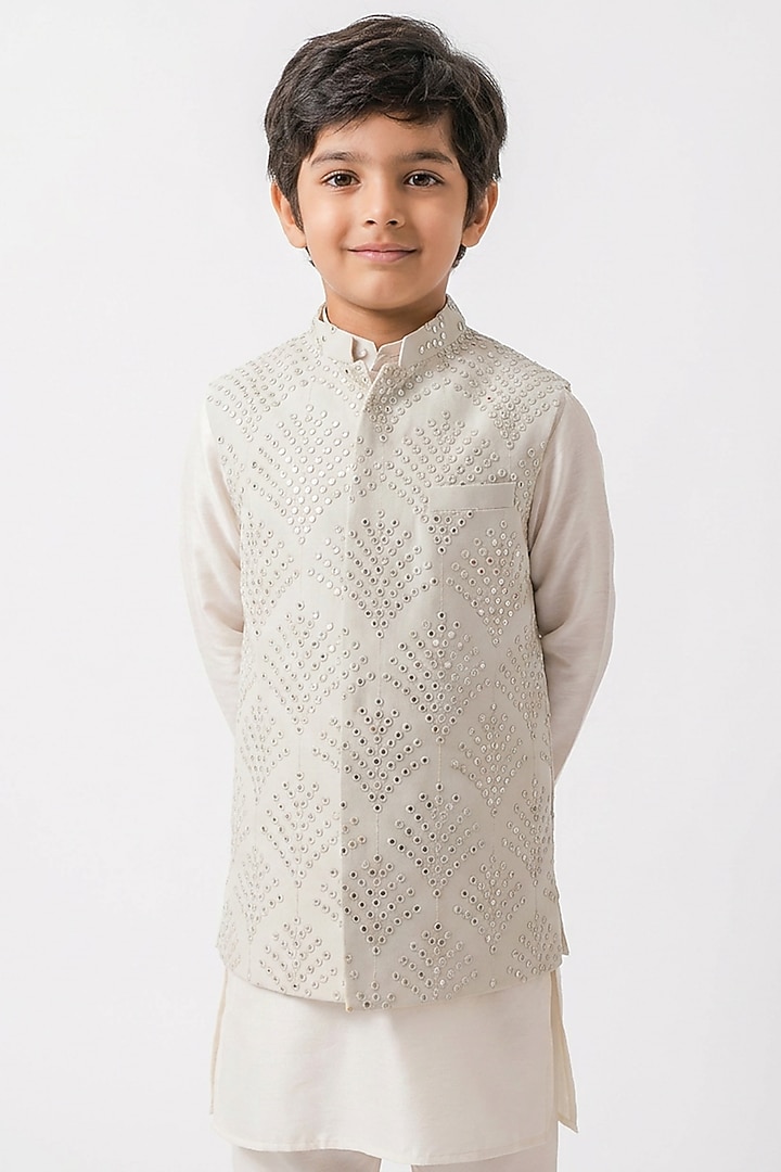 Ivory Cotton Silk Mirror Embroidered Nehru Jacket Set For Boys by Ankit V kapoor Kids at Pernia's Pop Up Shop