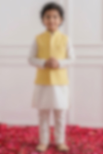 Yellow Cotton Silk Chikankari Embroidered Nehru Jacket Set For Boys by Ankit V kapoor Kids at Pernia's Pop Up Shop