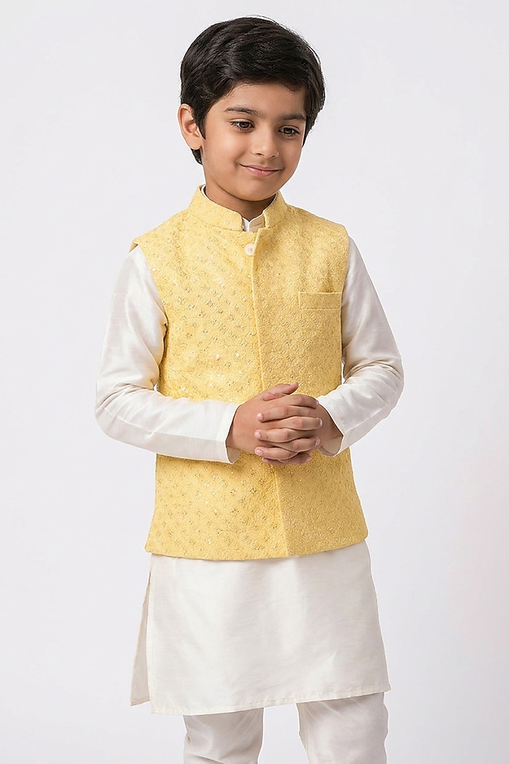 Yellow Cotton Silk Chikankari Embroidered Nehru Jacket Set For Boys by Ankit V kapoor Kids at Pernia's Pop Up Shop