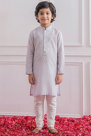 Lavender Silk Chikankari Embroidered Kurta Set For Boys by Ankit V kapoor Kids