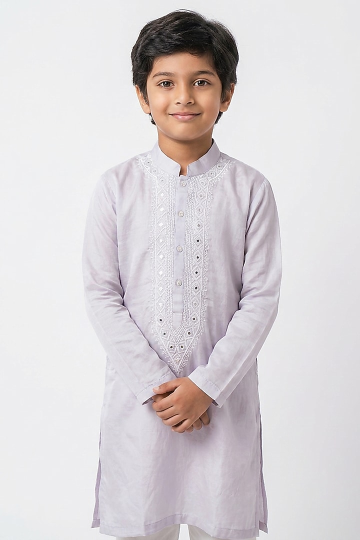 Lavender Silk Chikankari Embroidered Kurta Set For Boys by Ankit V kapoor Kids at Pernia's Pop Up Shop