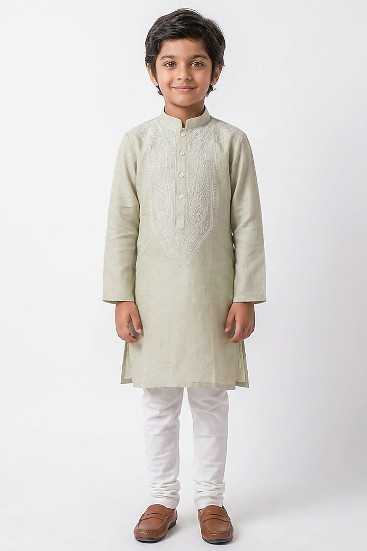 Pistachio Green Cotton Silk Chikankari Embroidered Kurta Set For Boys by Ankit V kapoor Kids at Pernia's Pop Up Shop